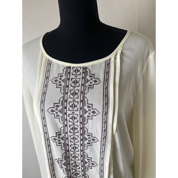 KLD Signature Women's Ruffle Hem Sequin Beaded Embroidered Sheer Blouses Cream L - Picture 3 of 13